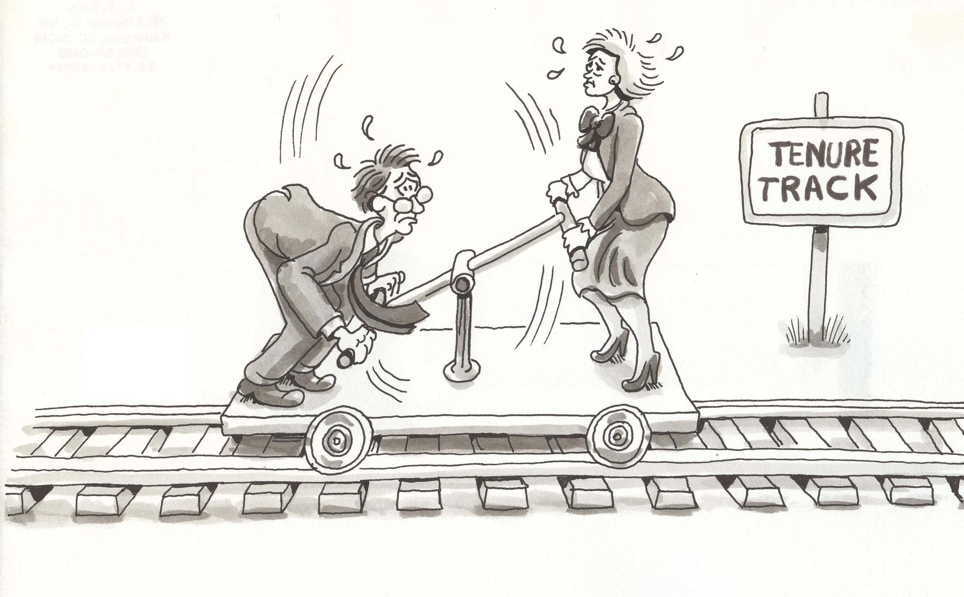 illustration of a man and a woman on a rail cart with a sign saying 'tenure track' behind them