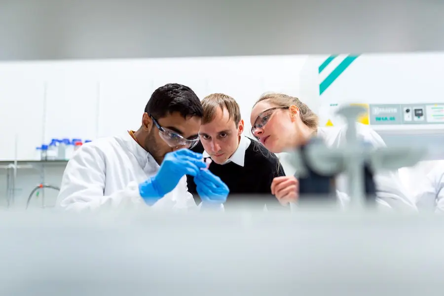 group of researchers examining samples in a laboratory