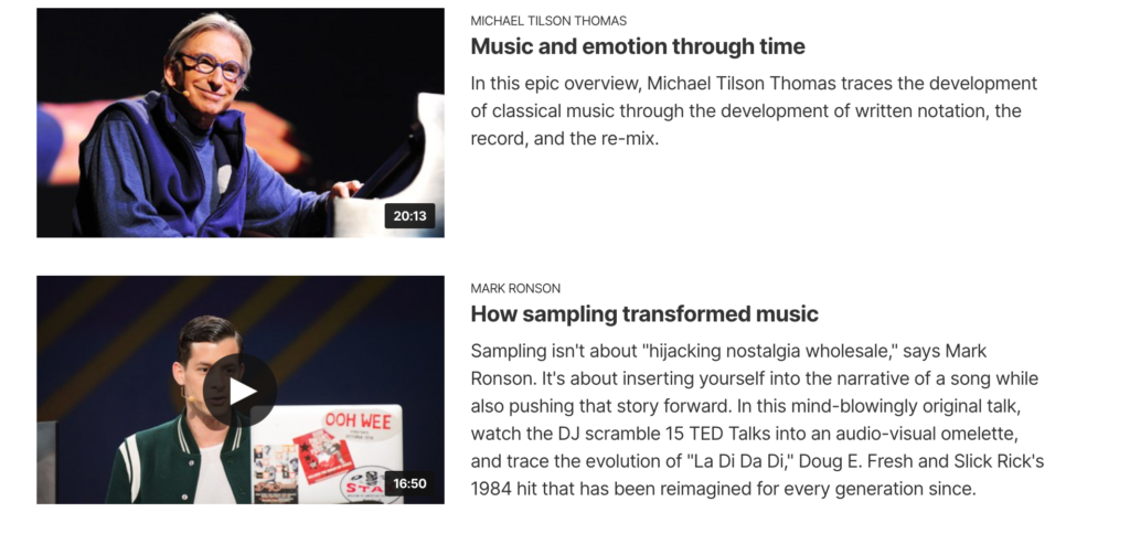 screenshot of two different ted talks on their website