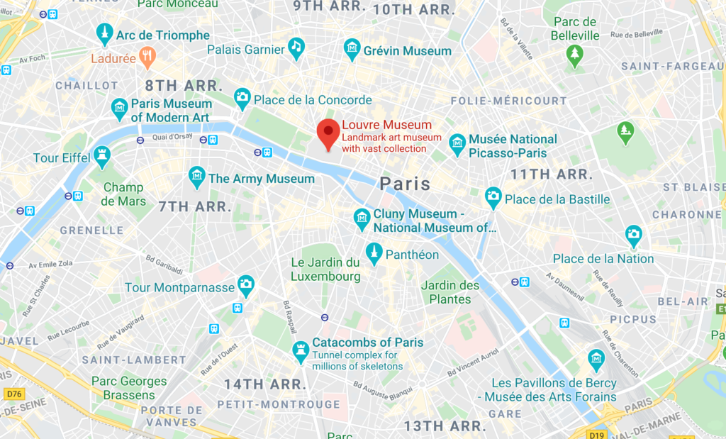 google map of Paris with a location pin on the Louvre Museum
