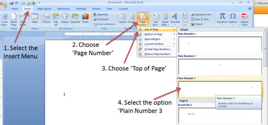 screenshot of adding page numbers in microsoft word