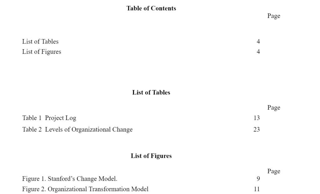 screenshot of APA Dissertation Table of Contents formatting