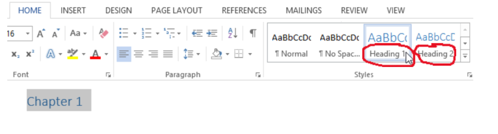 screenshot of formatting a heading in Microsoft word