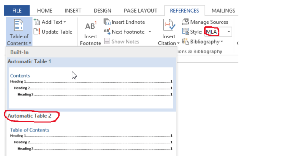 screenshot of table of content formatting in microsoft word