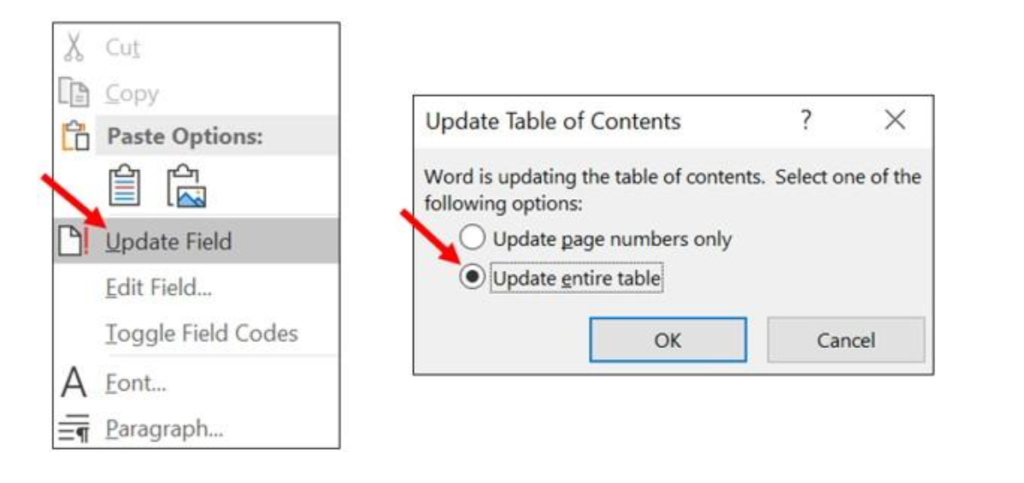 screenshot of updating page numbers in microsoft word