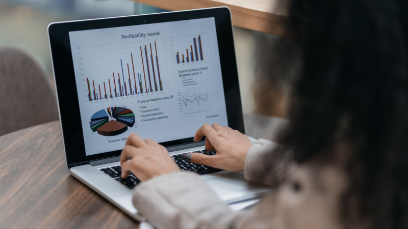 back view of woman looking at charts on laptop